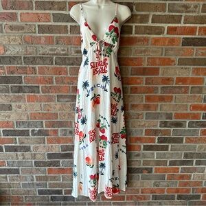 Paper Heart Anthropologie Fresh Fruits Berries Peaches Linen Blend Maxi Dress M